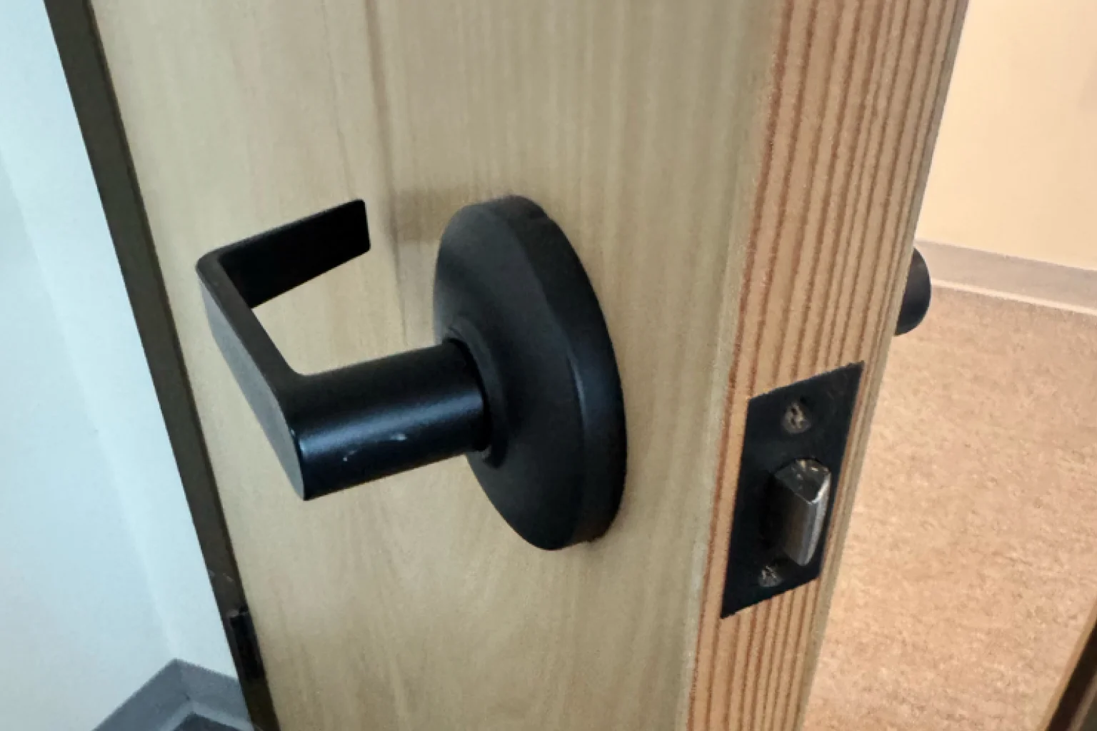 Modern black commercial lever handle installation